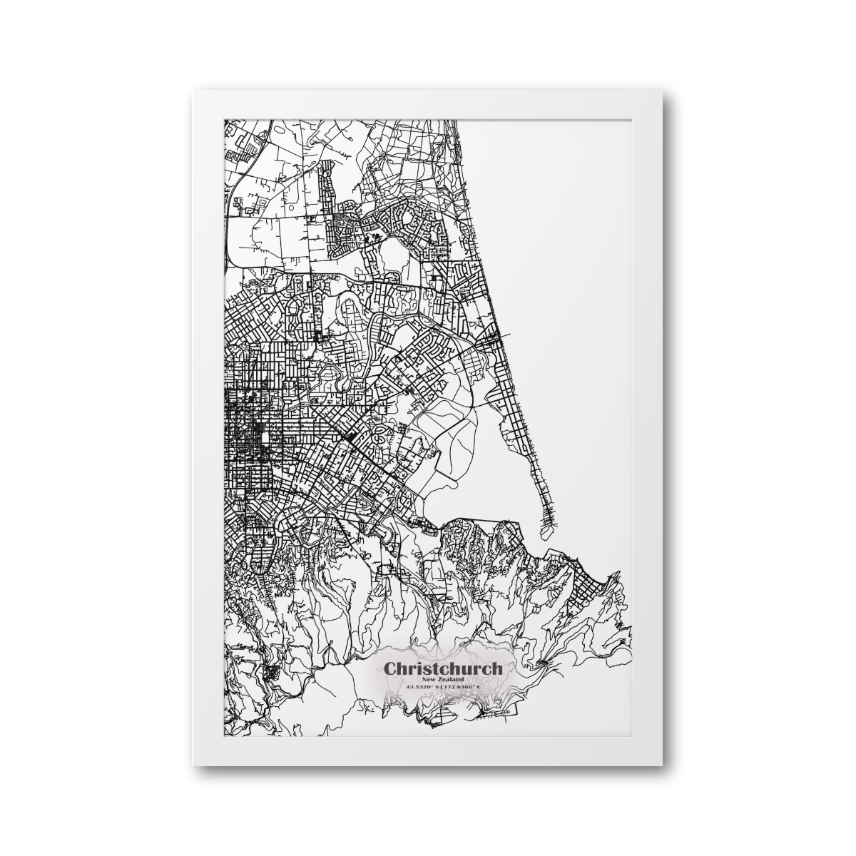 Christchurch New Zealand Map - Framed Print - black on white