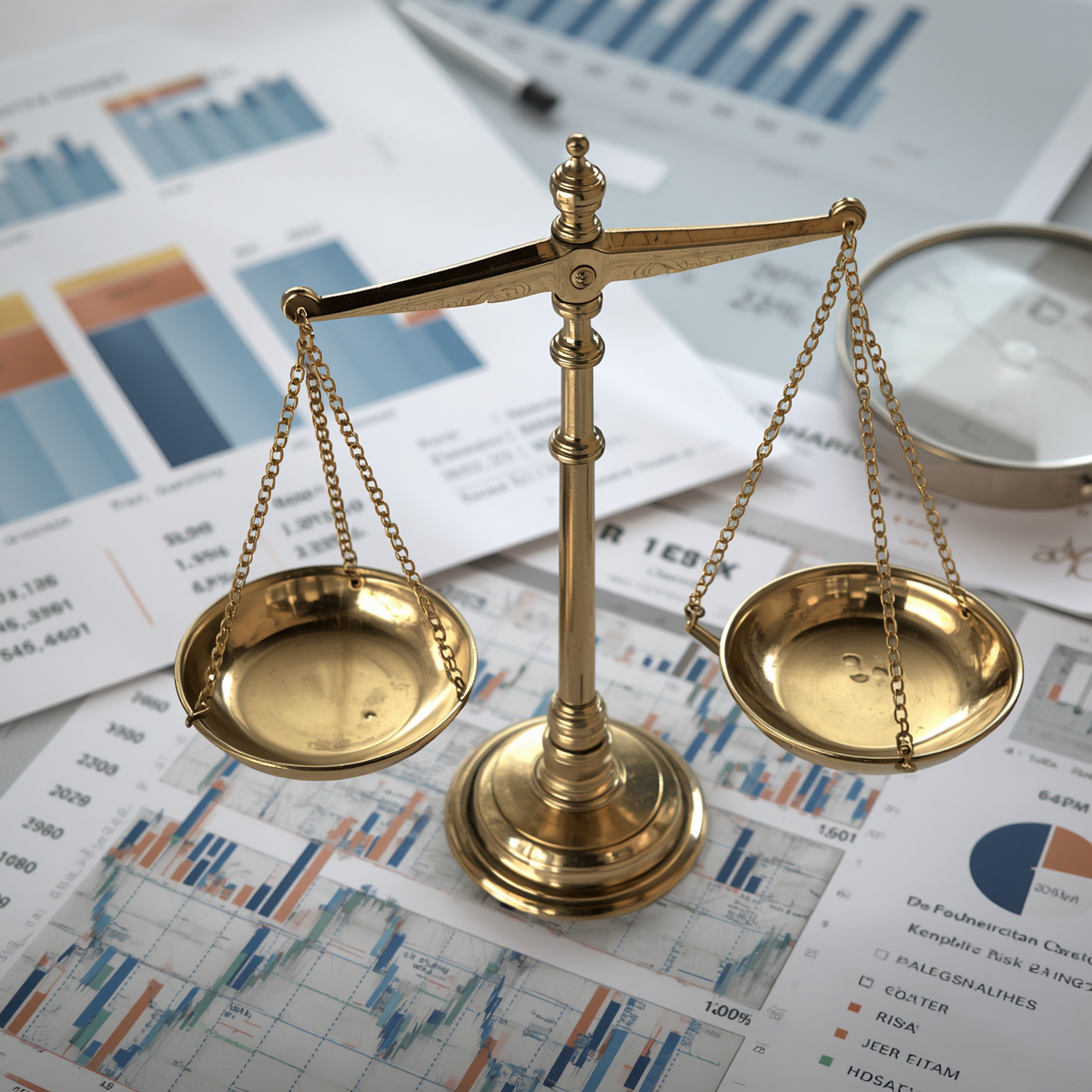 Balance scales with financial charts and documents