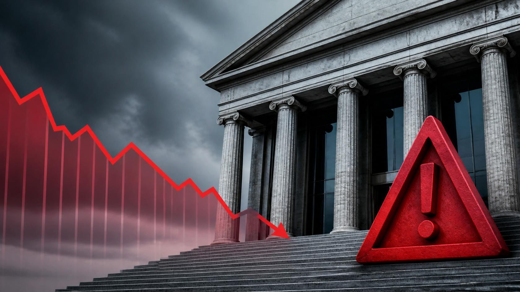 Bank building under dark stormy sky with red warning triangle and sharp downward-trending financial chart symbolizing non-performing loan risk