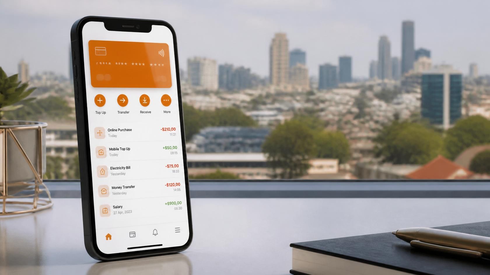 Smartphone displaying mobile banking app interface with transaction list and burnt orange accents on desk