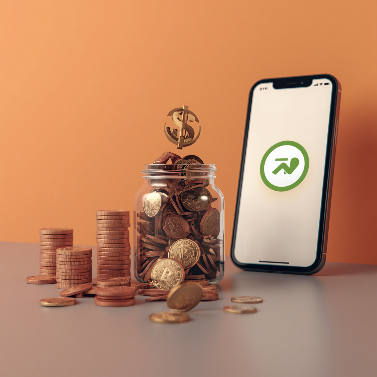 Coins, savings jar, and mobile phone with financial elements