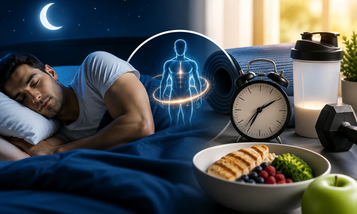 Man sleeping peacefully at night with a glowing human body illustration symbolizing recovery, alongside fitness items like a dumbbell, protein shaker, alarm clock, and a healthy breakfast bowl in morning light, representing the connection between sleep and fitness recovery.