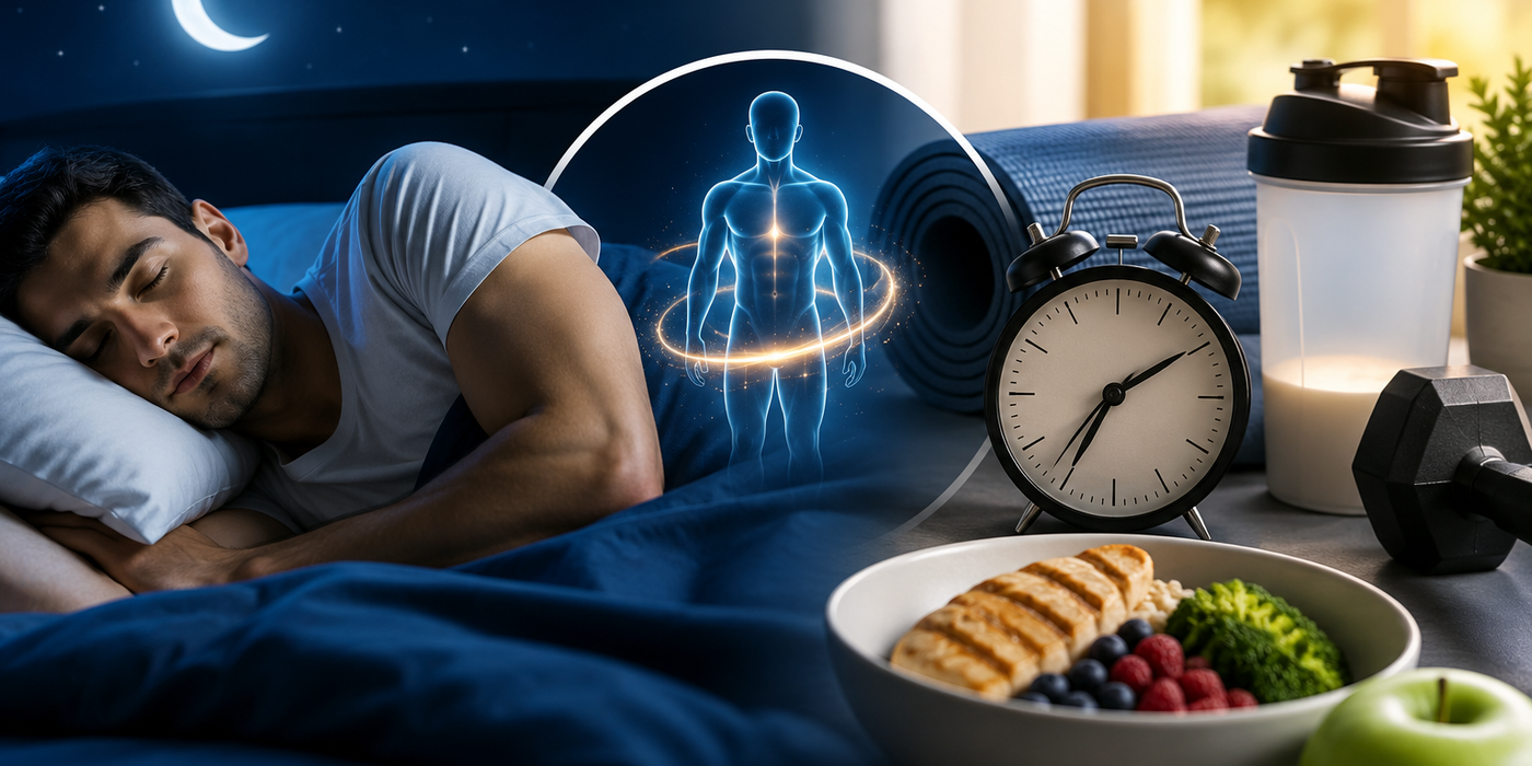 Man sleeping peacefully at night with a glowing human body illustration symbolizing recovery, alongside fitness items like a dumbbell, protein shaker, alarm clock, and a healthy breakfast bowl in morning light, representing the connection between sleep and fitness recovery.