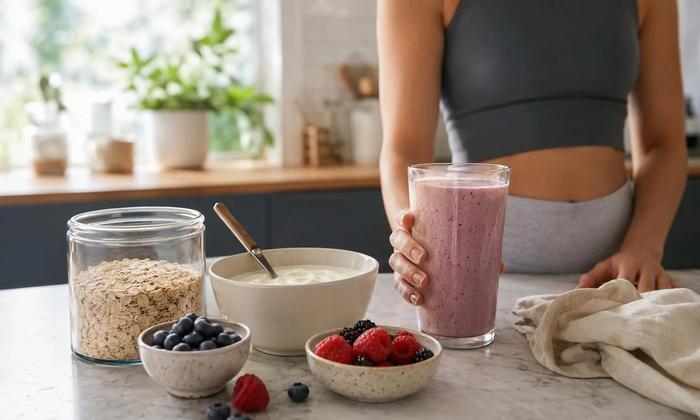 A smoothie with oats, yogurt and berries on a kitchen counter