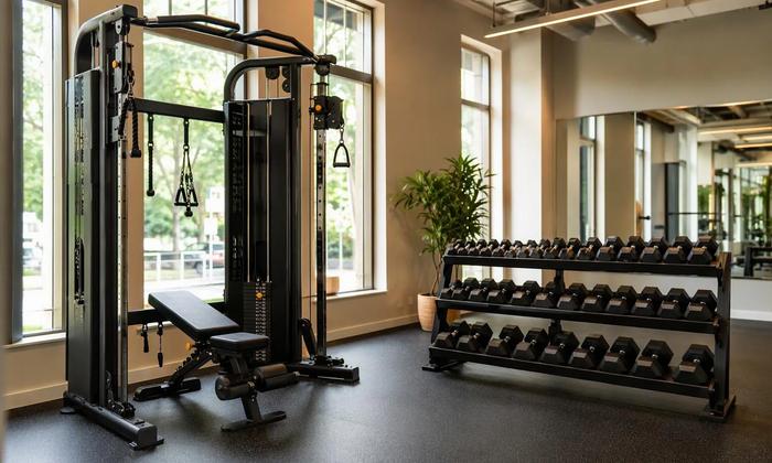 A cable machine beside a rack of free weights.