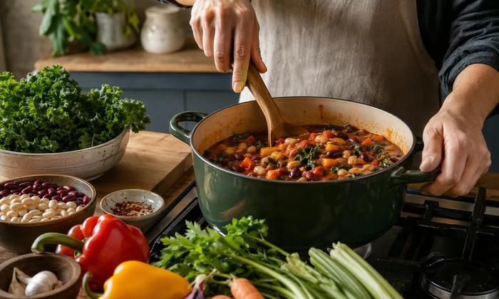 An adult preparing a bean and vegetable stew