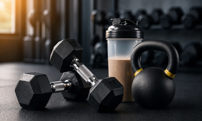 Dumbbells, kettlebell, and protein shake placed on a gym floor representing strength training and fitness routine.