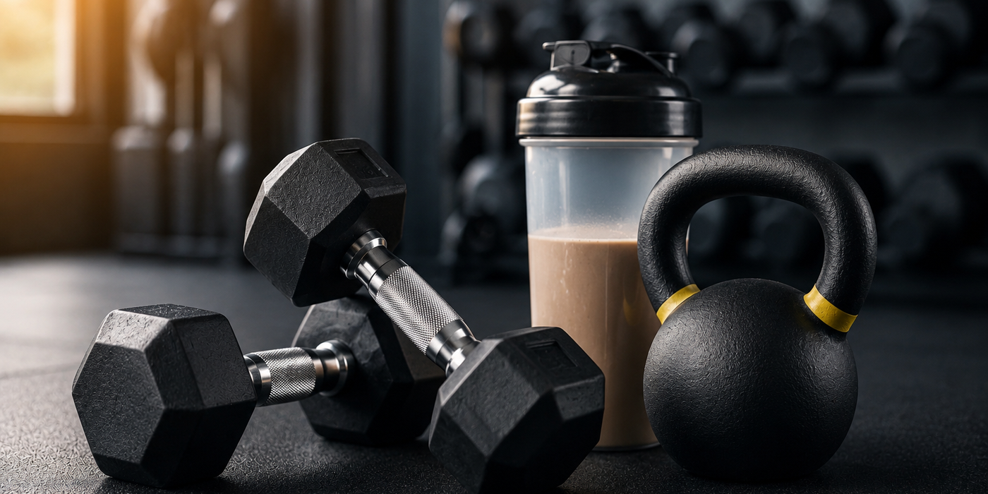 Dumbbells, kettlebell, and protein shake placed on a gym floor representing strength training and fitness routine.