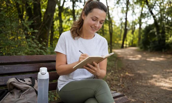 An adult recording a completed walk in a notebook.