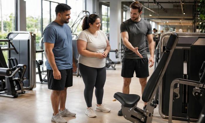 A trainer introducing beginners to gym equipment.