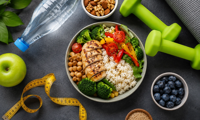 Healthy food and workout equipment representing calorie balance and fitness.