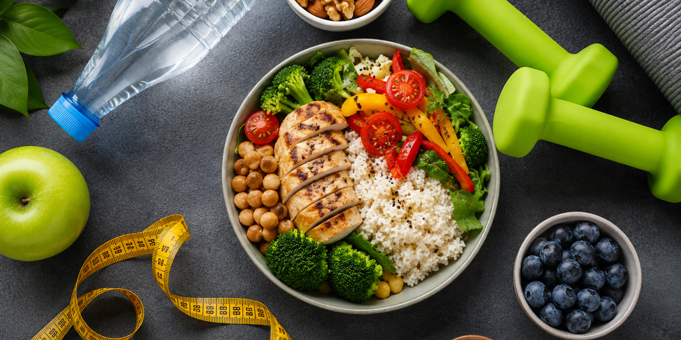 Healthy food and workout equipment representing calorie balance and fitness.
