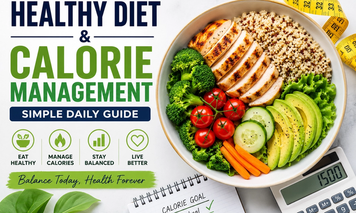 Balanced healthy meal bowl with grilled chicken, quinoa, fresh vegetables, measuring tape, calculator, and calorie goal notebook symbolizing healthy diet and calorie management.