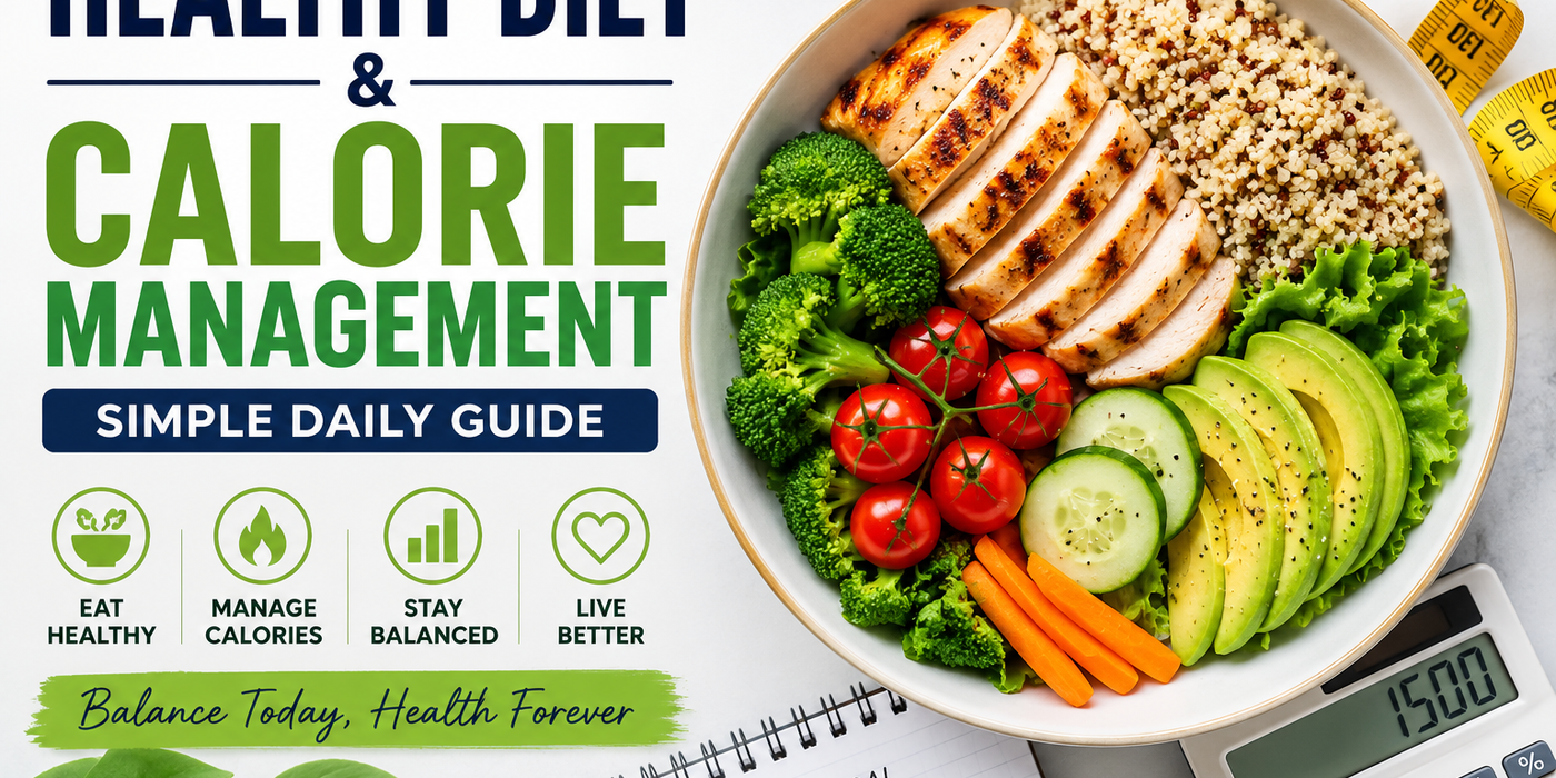 Balanced healthy meal bowl with grilled chicken, quinoa, fresh vegetables, measuring tape, calculator, and calorie goal notebook symbolizing healthy diet and calorie management.