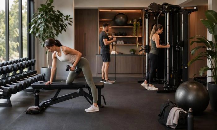 A gym with free weights, benches and cable equipment.