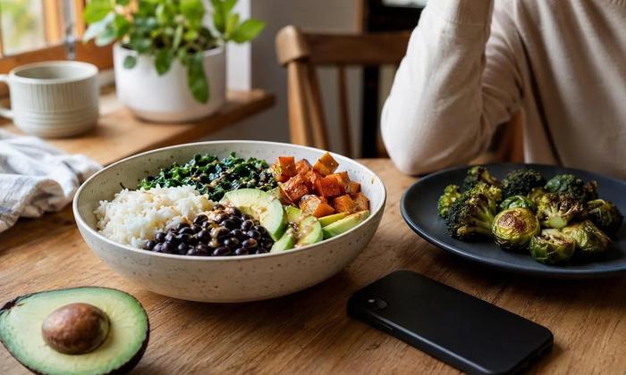 A bean and rice meal with vegetables and avocado