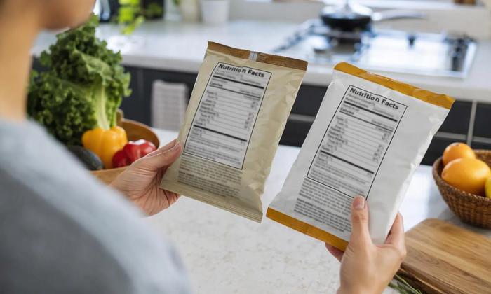 A shopper comparing nutrition panels on two food packages.