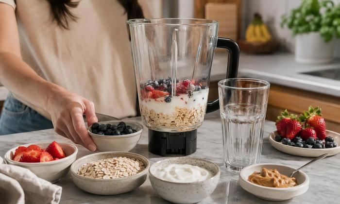 Smoothie ingredients arranged beside a blender and glass.