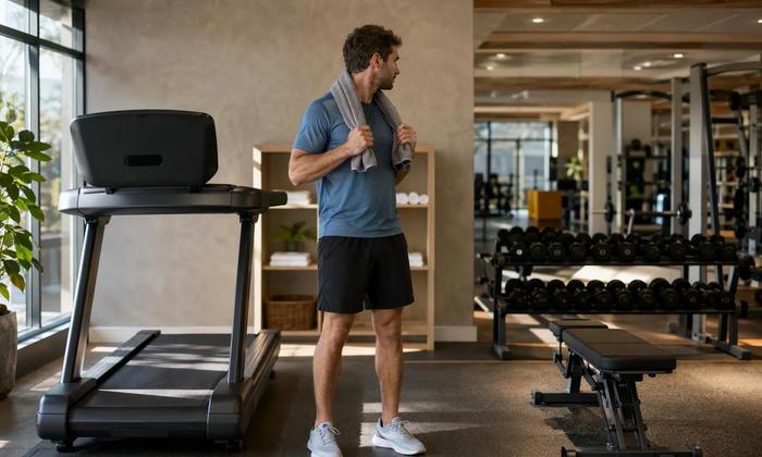 Treadmills and weight benches in neighboring gym areas.