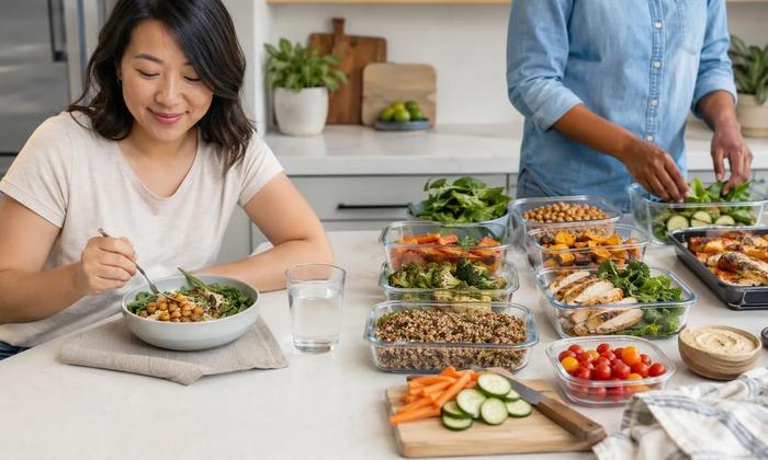 A simple lunch beside ingredients for several balanced meals