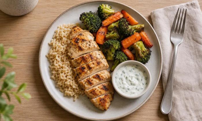 Grilled chicken, brown rice and roasted vegetables with yogurt sauce on a ceramic plate