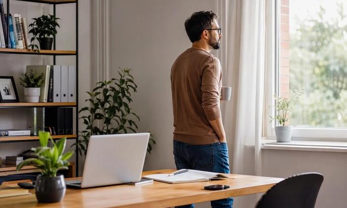 An office worker taking a standing movement break.