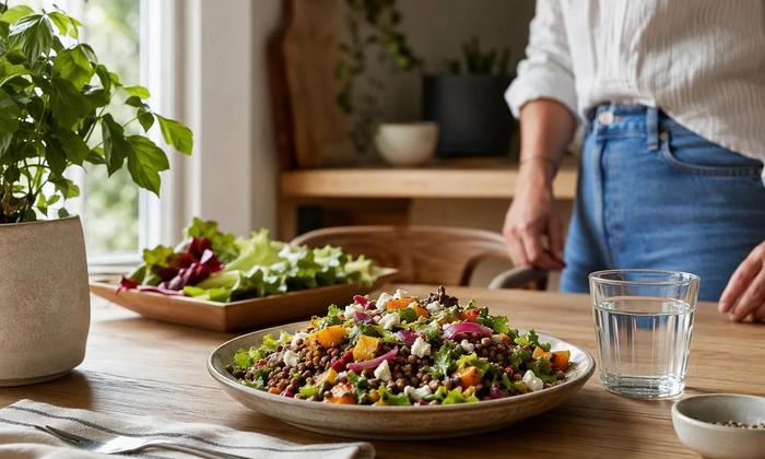 Lentil salad with vegetables on a kitchen table