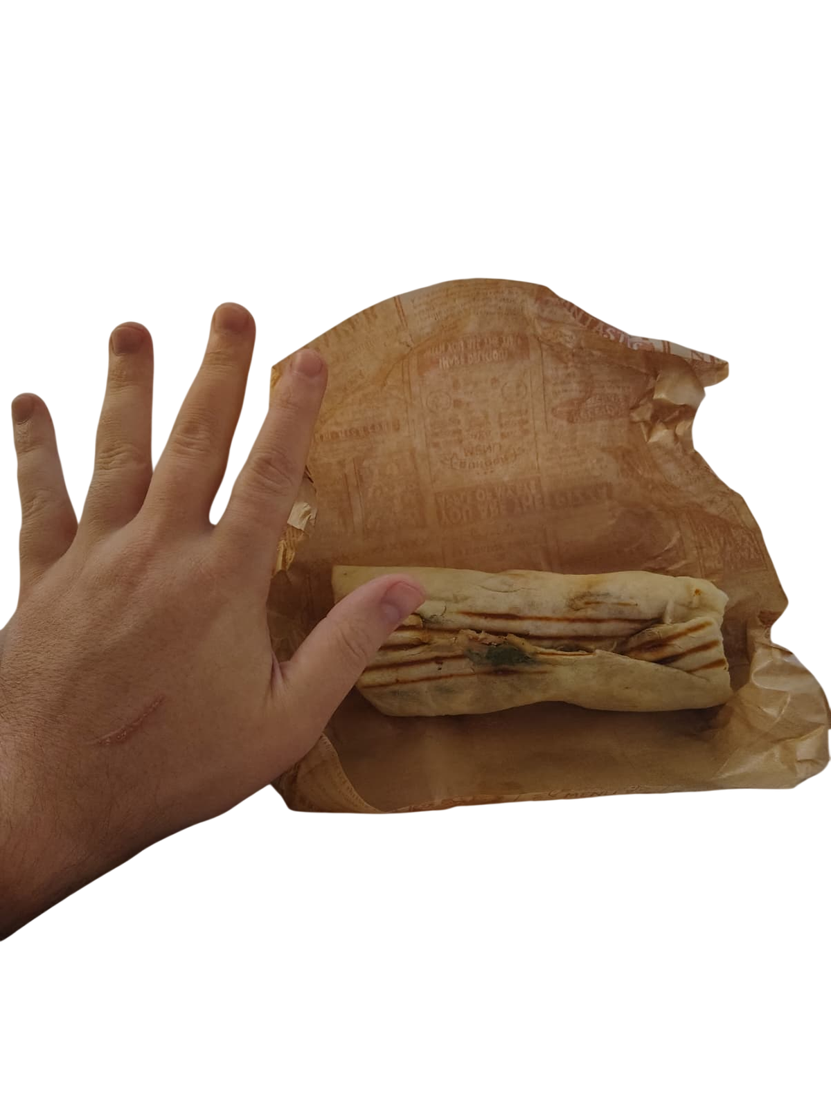 The seeker holding up his hand which eclipses the size of the small kebab