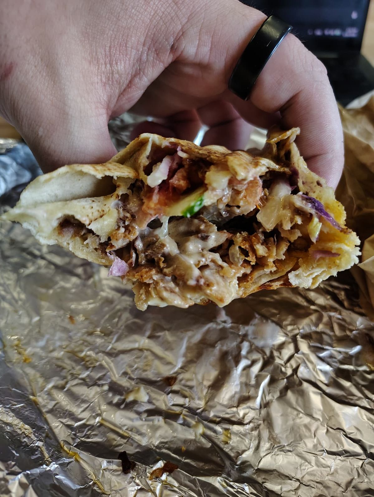 An open kebab showing the golden ratio of ingredients