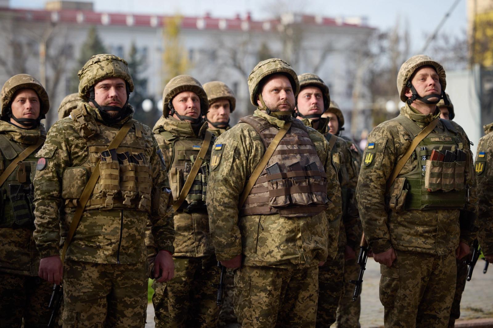 Soldiers stand at attention in Crimea