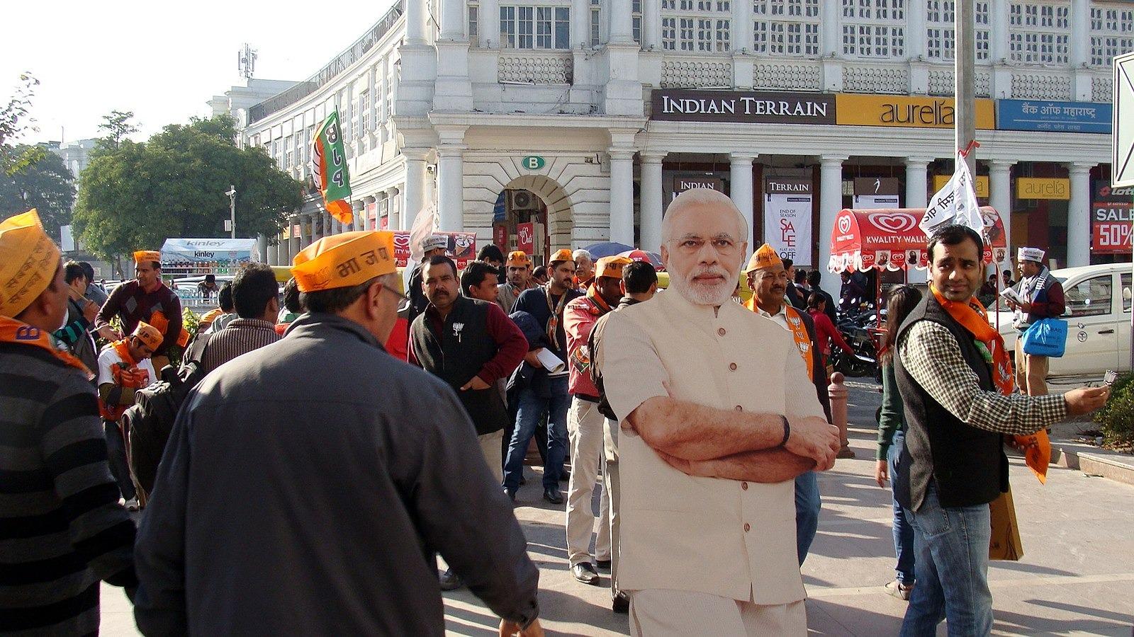 A pro-BJP rally takes place in Delhi during the 2015 assembly elections. BJP supporters and party leaders have long sought to gain a foothold in Delhi, but electoral success in the city eluded them until this month