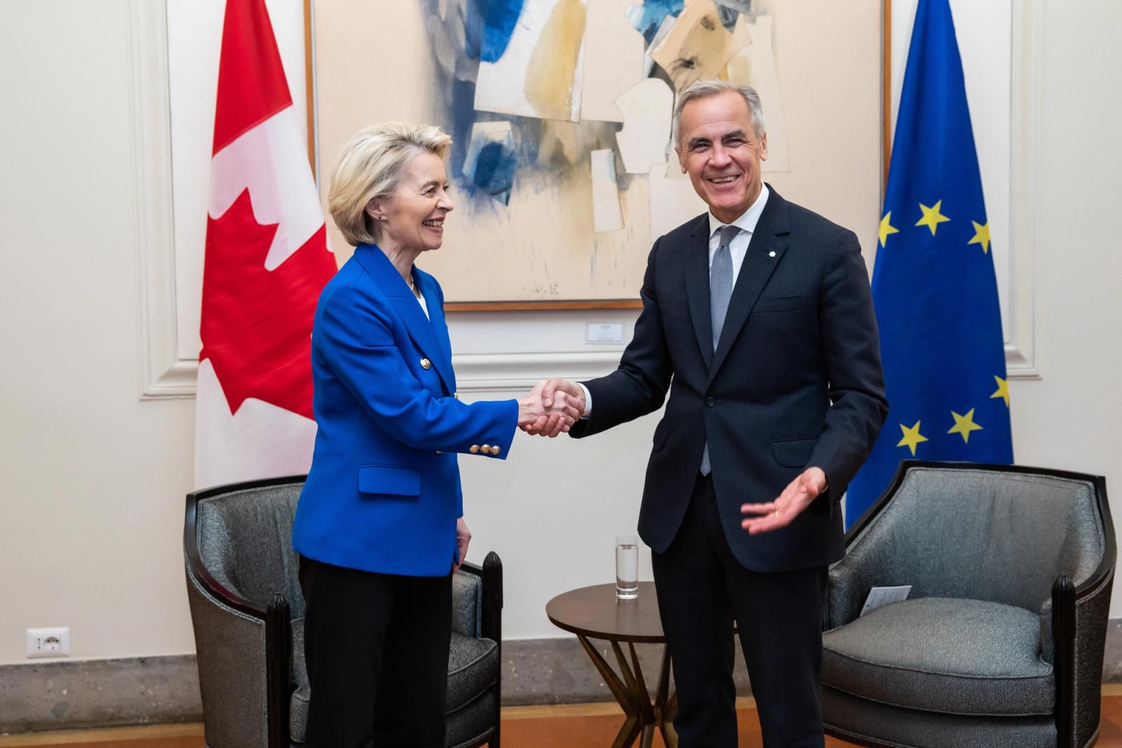 European Commission President Ursula von der Leyen shaking hands with Canadian Prime Minister Mark Carney