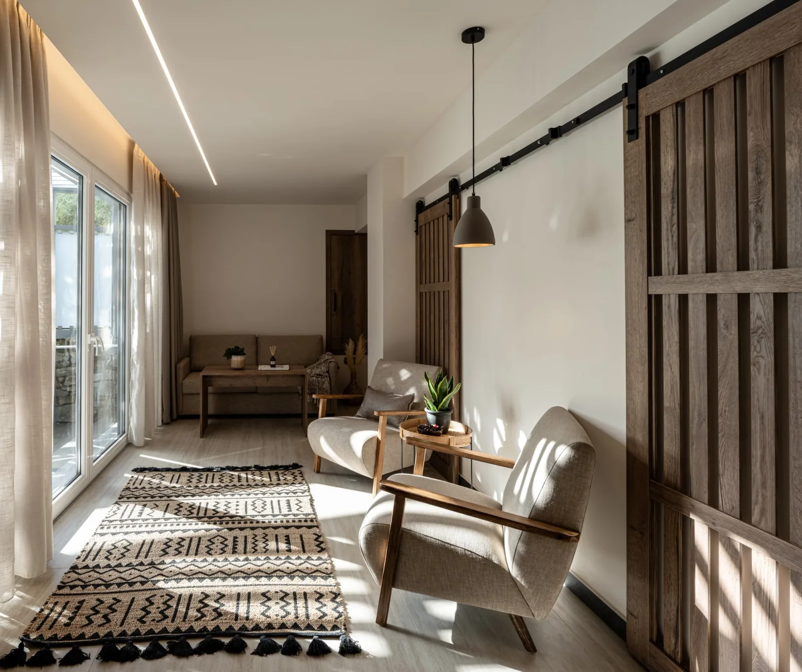 Hotel suite living area with two armchairs, a patterned rug and a sliding barn door