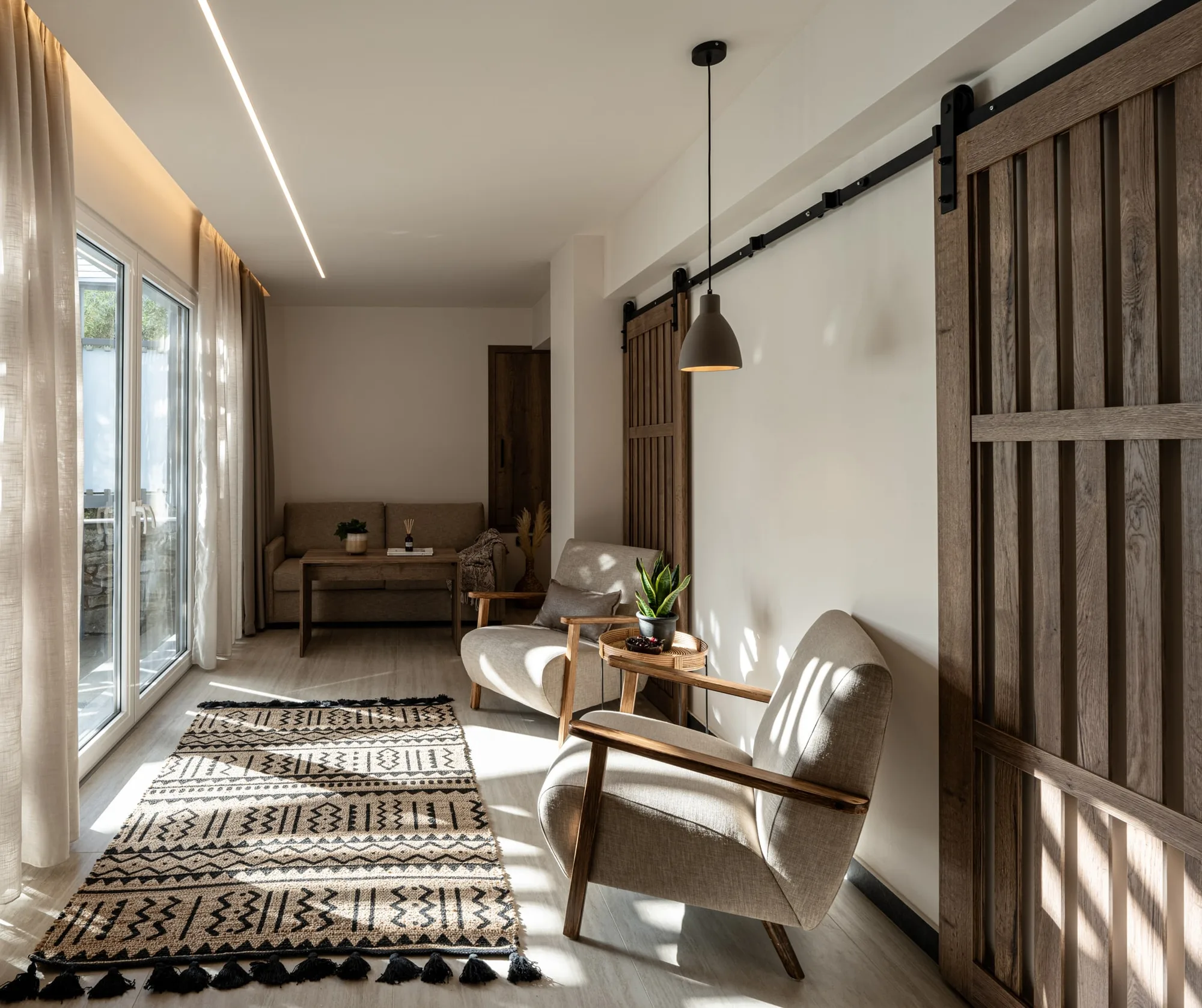 Hotel suite living area in morning light