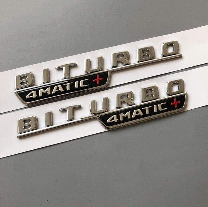 2017 Letter Emblem for Mercedes Benz amg BITURBO 4MATIC+ Red Plus Car Styling Fender Badge Doulbe Turbo Sticker Chrome Black