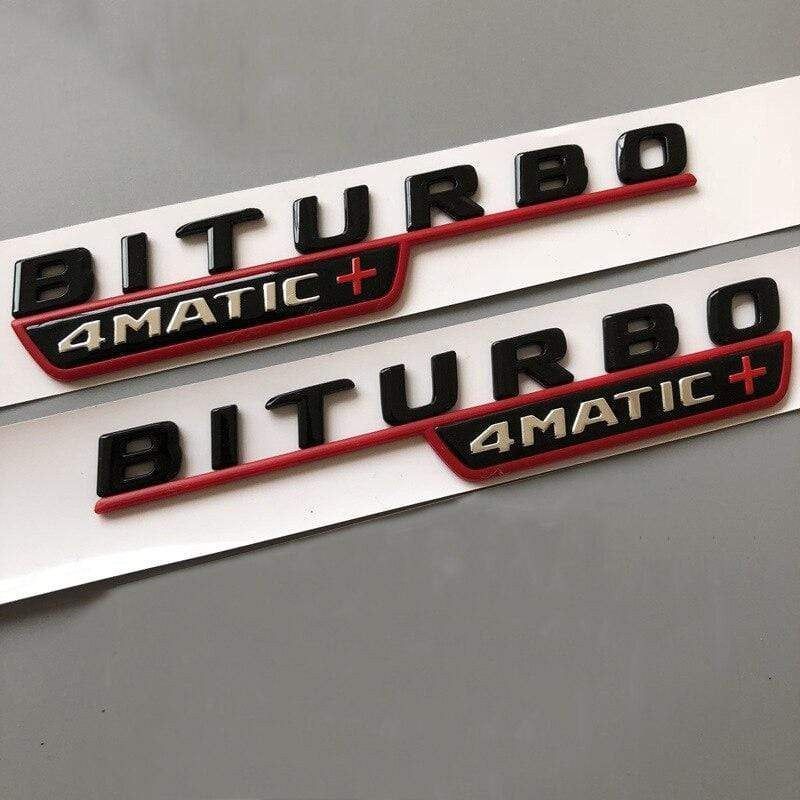 2017 Letter Emblem for Mercedes Benz amg BITURBO 4MATIC+ Red Plus Car Styling Fender Badge Doulbe Turbo Sticker Chrome Black