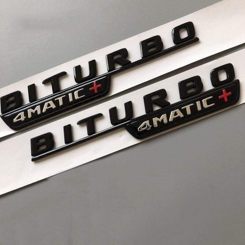 2017 Letter Emblem for Mercedes Benz amg BITURBO 4MATIC+ Red Plus Car Styling Fender Badge Doulbe Turbo Sticker Chrome Black