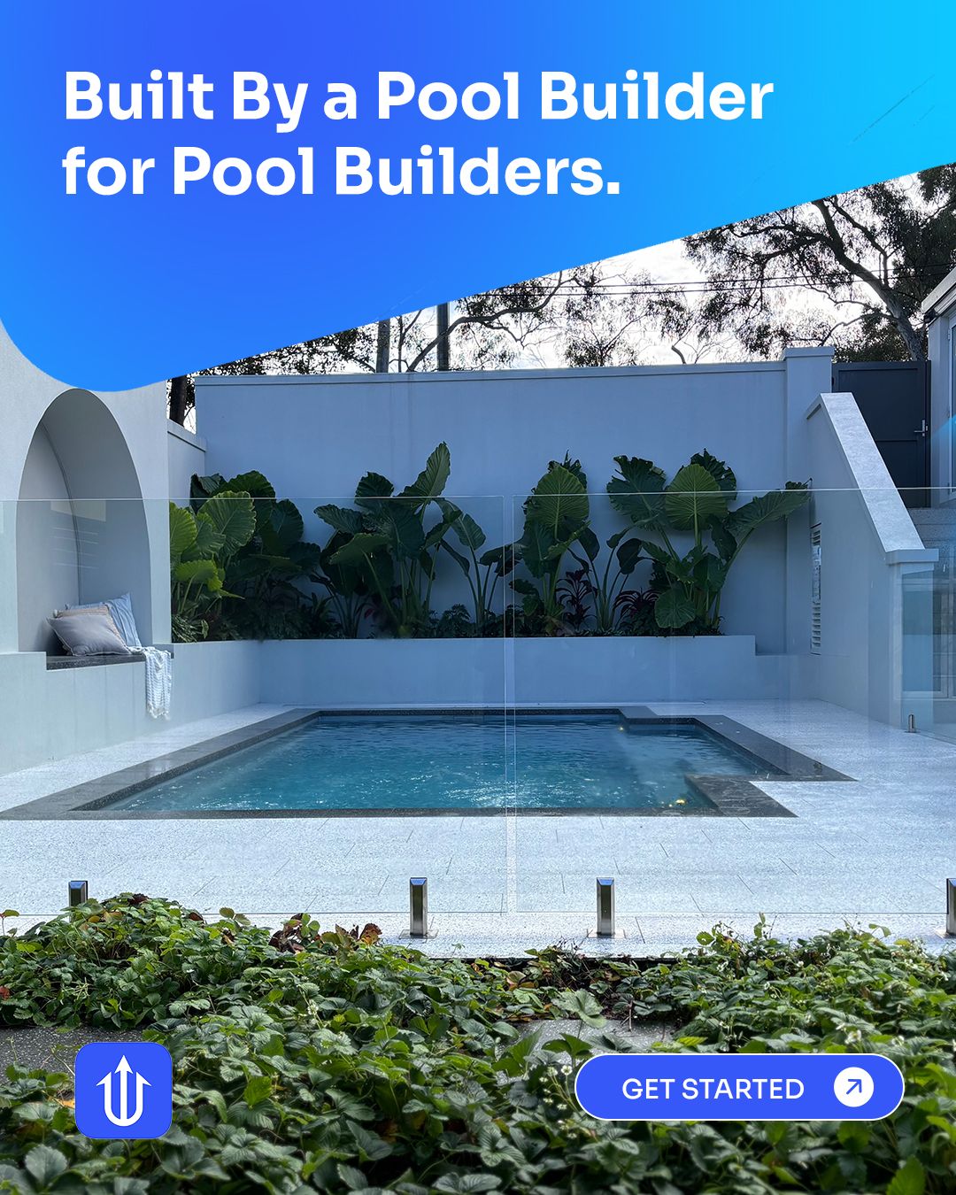 Modern plunge pool surrounded by lush greenery and white render walls, with the Neptune brand message 'Built by a Pool Builder, for Pool Builders' overlaid in blue.