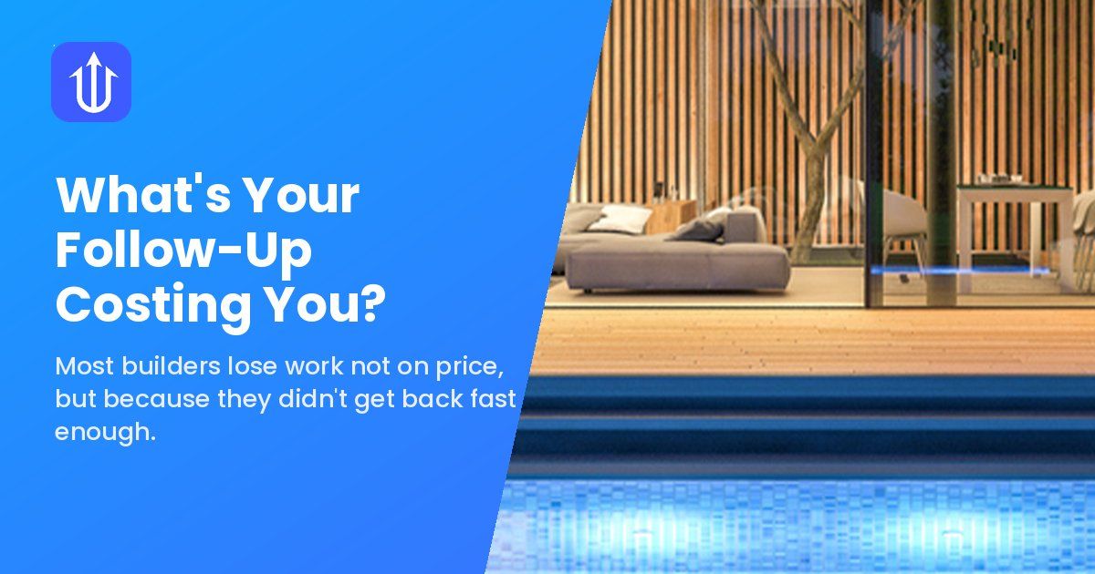 Modern luxury home interior beside a tiled swimming pool, with the Neptune message 'What's Your Follow-Up Costing You?' overlaid in blue.