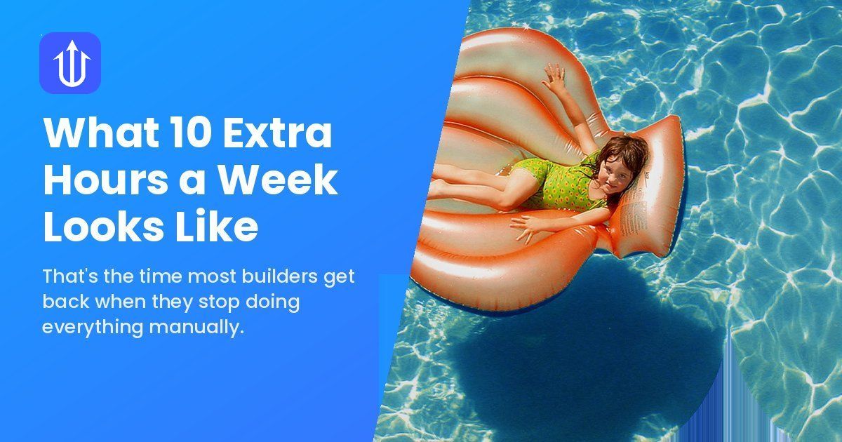 Aerial view of a child relaxing on a rose gold seashell pool float, with the Neptune message 'What 10 Extra Hours a Week Looks Like' overlaid in blue.