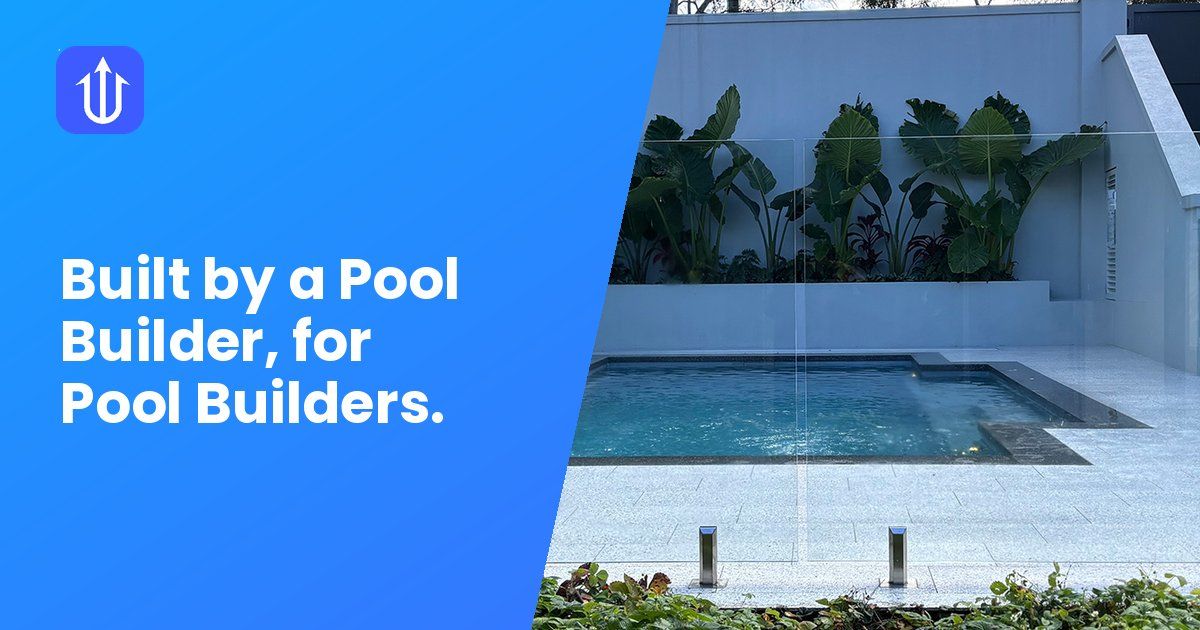 Modern plunge pool surrounded by lush greenery and white render walls, with the Neptune brand message 'Built by a Pool Builder, for Pool Builders' overlaid in blue.