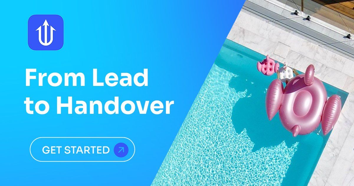 Aerial view of a completed backyard pool with sun loungers and a pink flamingo float, with the Neptune message 'From Lead to Handover' overlaid in blue.