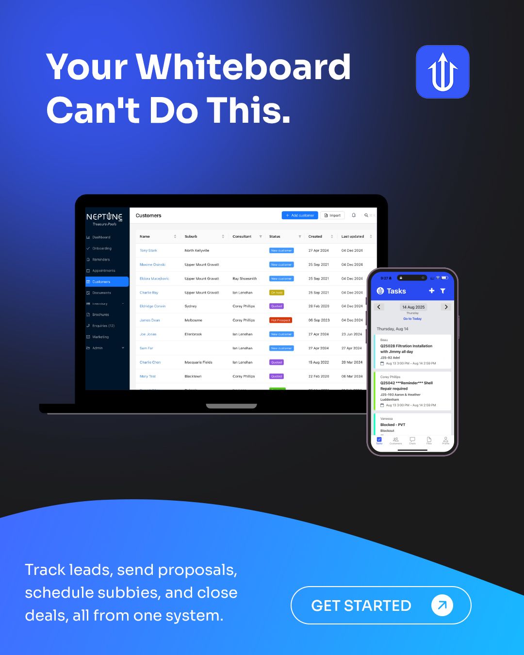 Neptune dashboard shown on a laptop and mobile, with the message 'Your Whiteboard Can't Do This' overlaid in blue.