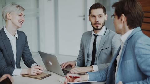 Business professionals in a meeting around a table.