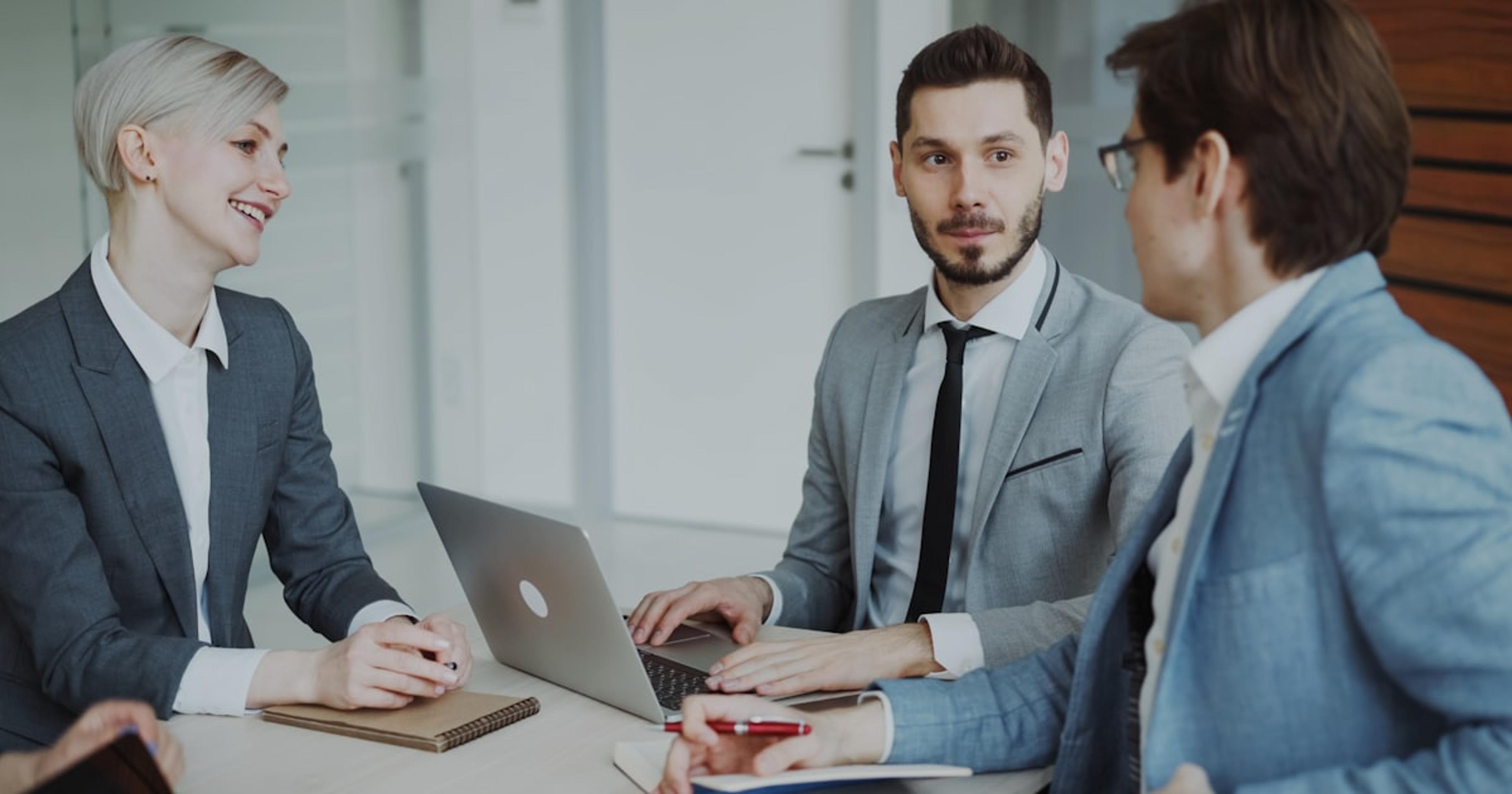 Business professionals in a meeting around a table.