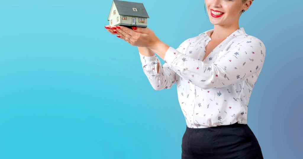 Professional woman in elegant attire holding a miniature house model, symbolizing real estate and home ownership.