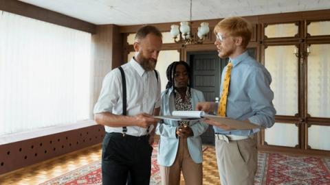 A diverse group of professionals engaged in a discussion over documents in a modern office setting.