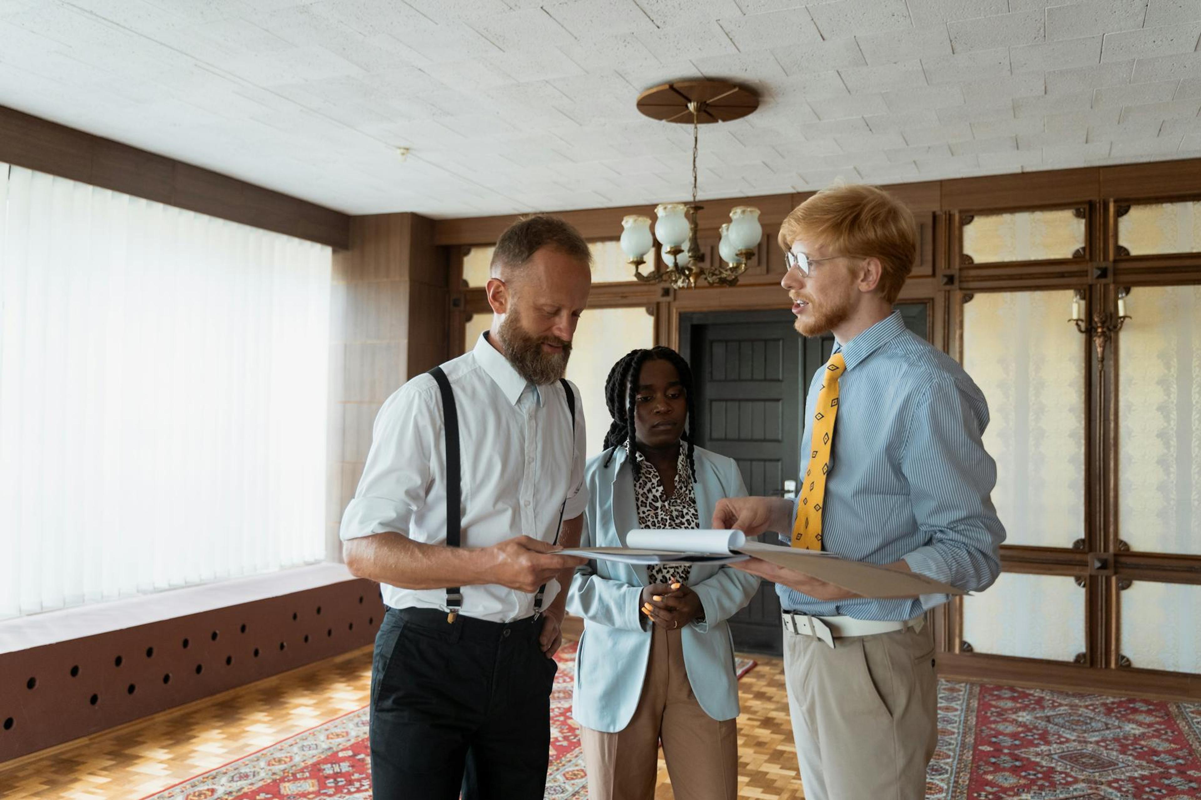 A diverse group of professionals engaged in a discussion over documents in a modern office setting.