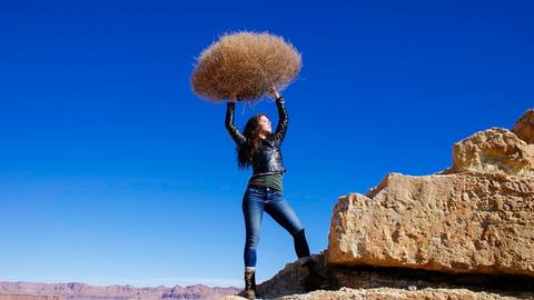 woman standing on rock formation while carrying hay during daytime