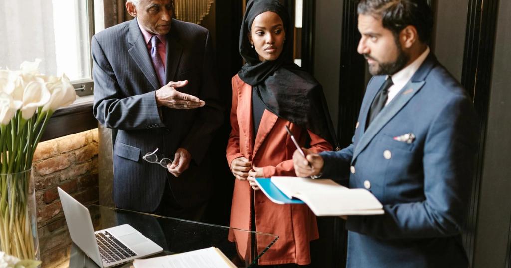 Group of professionals in business attire discussing strategy indoors.